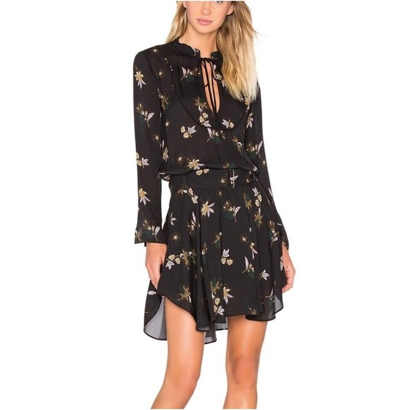 A.L.C. Renzo Silk Floral Mini Dress in Black - Long Sleeve Handkerchief Hem - 6